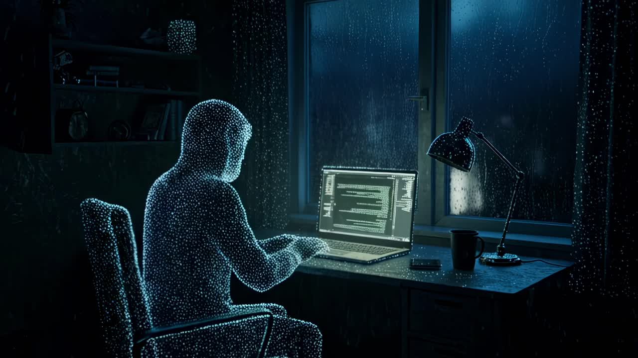 In a dimly lit room, a mysterious figure works intently on their coding projects at night while a rainstorm rages outside