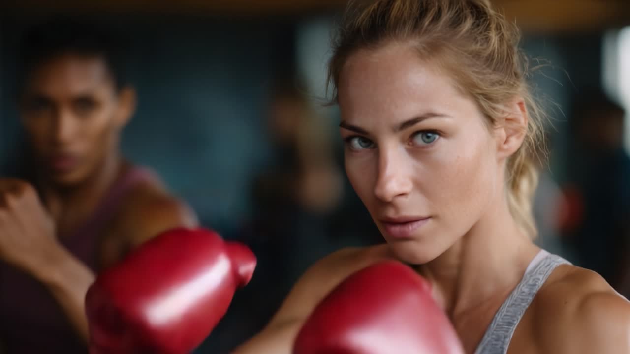 Intense Training Session: A Focused Female Boxer Prepares for Action with Determination in a Dynamic Boxing Environment