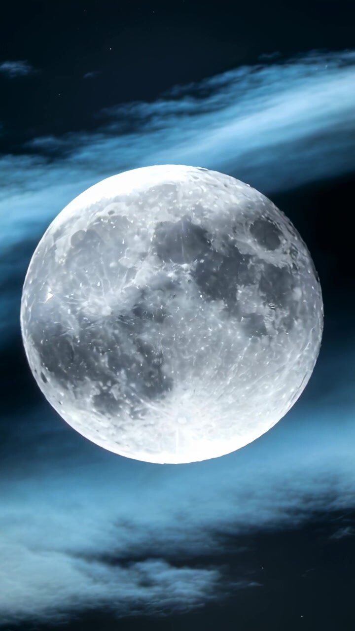 Vertikales Video: Vollmond bewegt sich nach Schwenk, während Wolken am Nachthimmel ziehen, mit Overlay.
