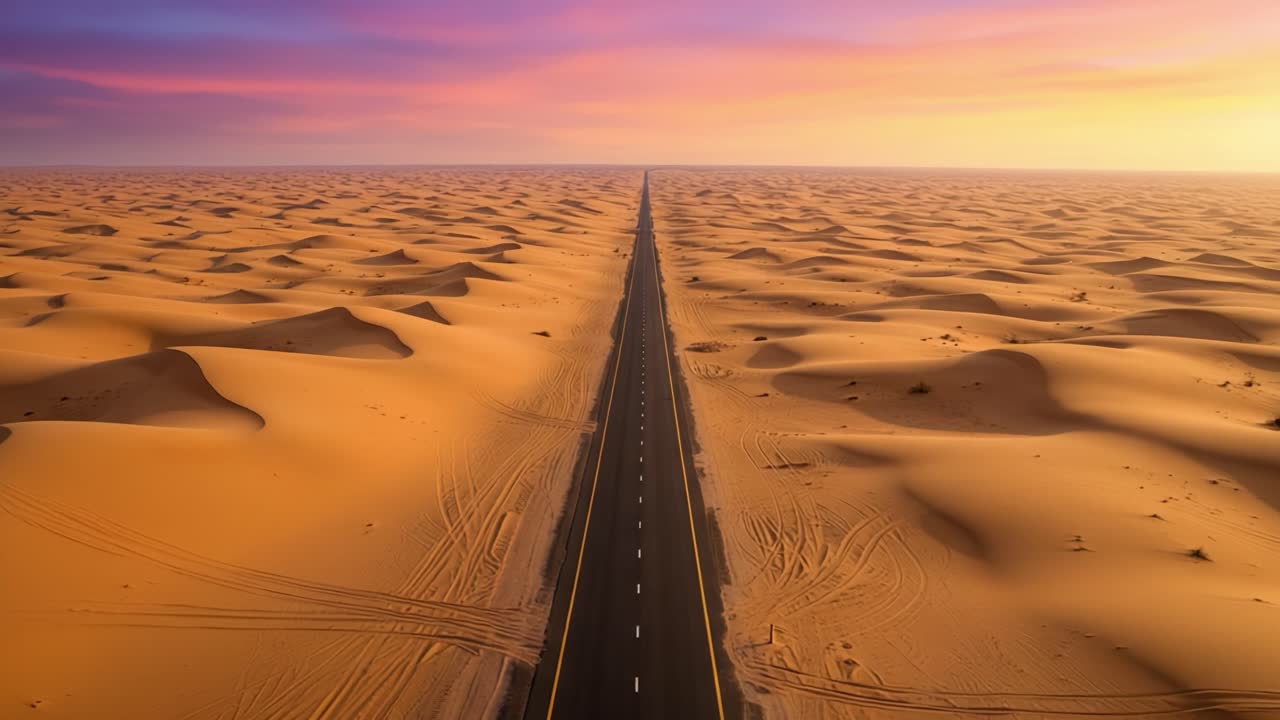 A Serene Desert Road Amidst Endless Sands Under a Colorful Sky at Sunset, Offering a Journey Through Nature's Expansive Beauty and Tranquility