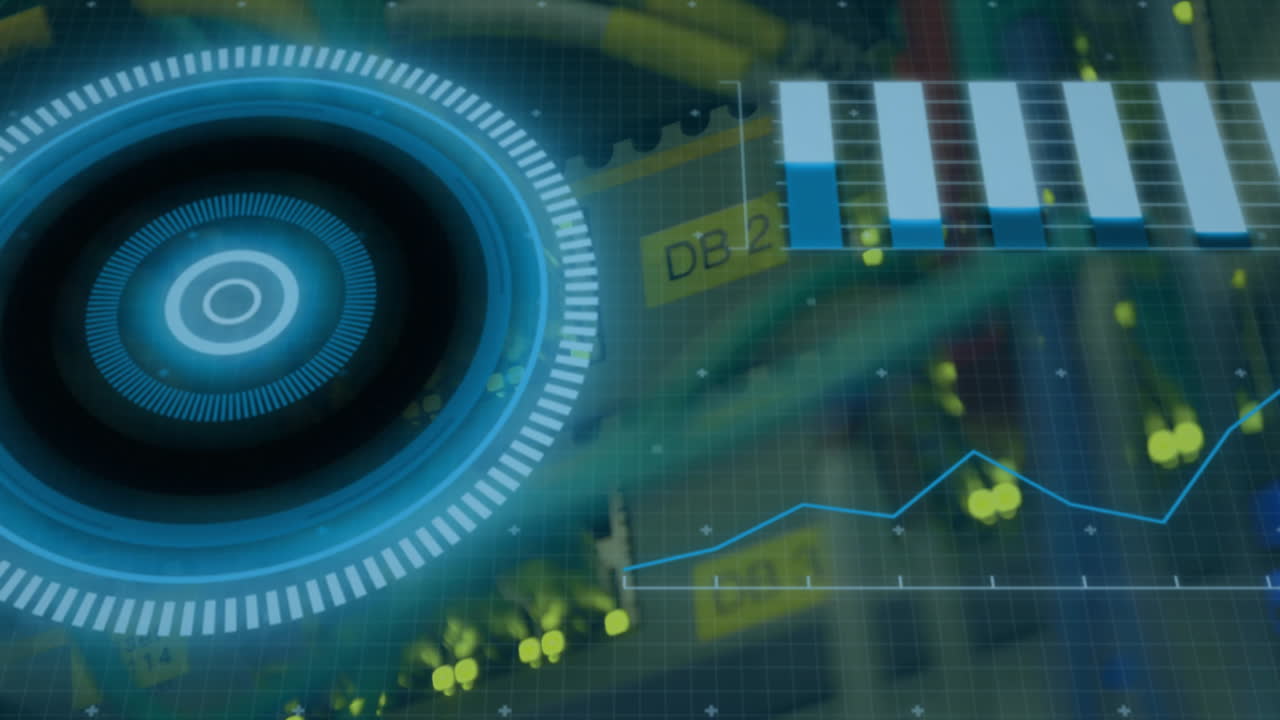 animación de procesamiento de datos futurista sobre placa de circuitos con gráficos y gráficos