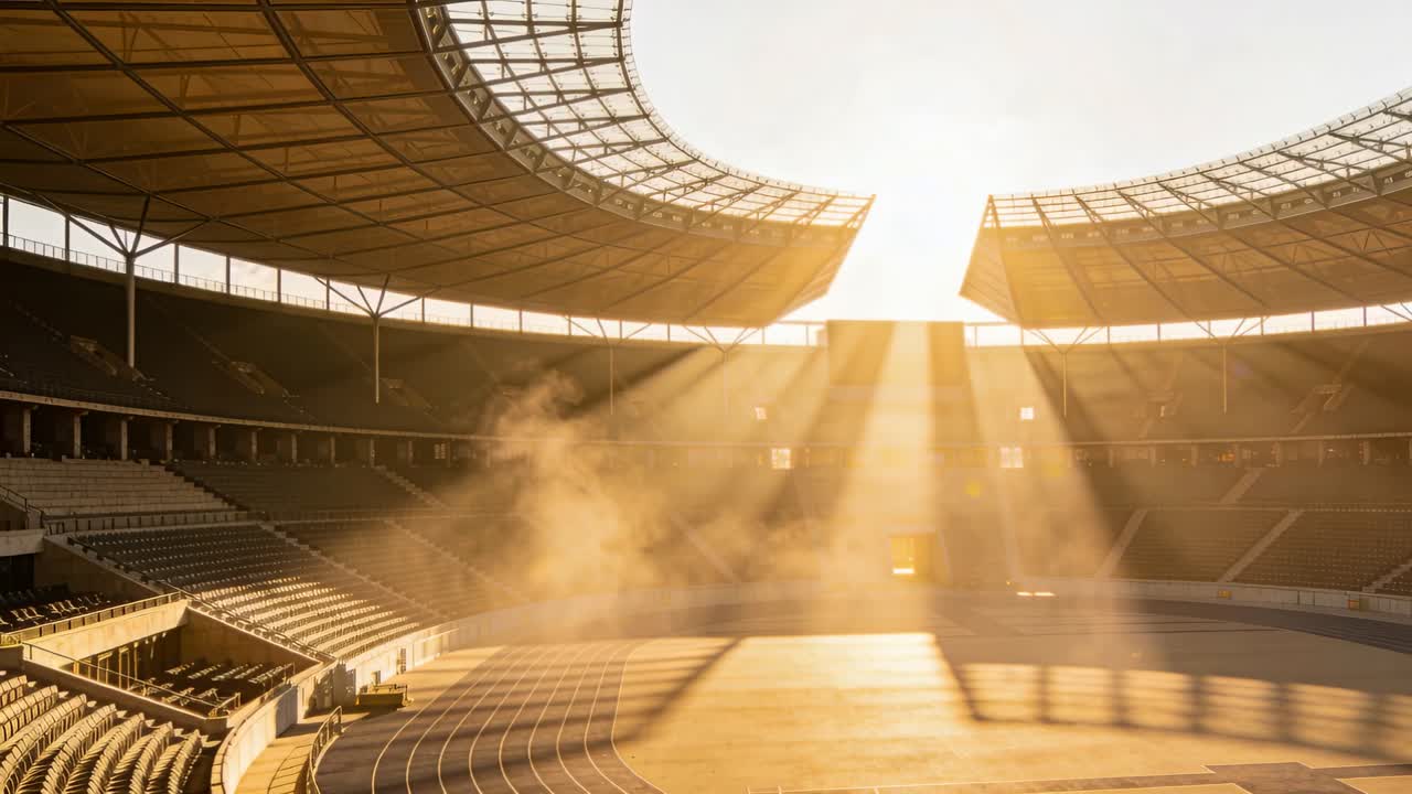 Sinar matahari menyorot masuk melalui celah atap, menembus kabut dan menerangi mangkuk stadion, dengan lintasan trek oval.