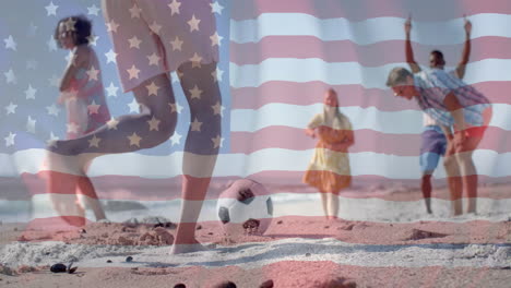 animation of flag of usa over happy diverse friends playing ball on beach in summer
