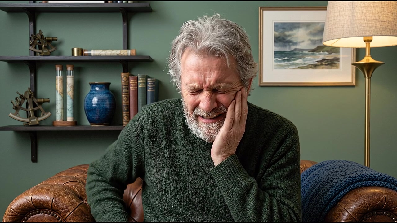 Mature man sitting indoors and looking toward camera in relaxed setting
