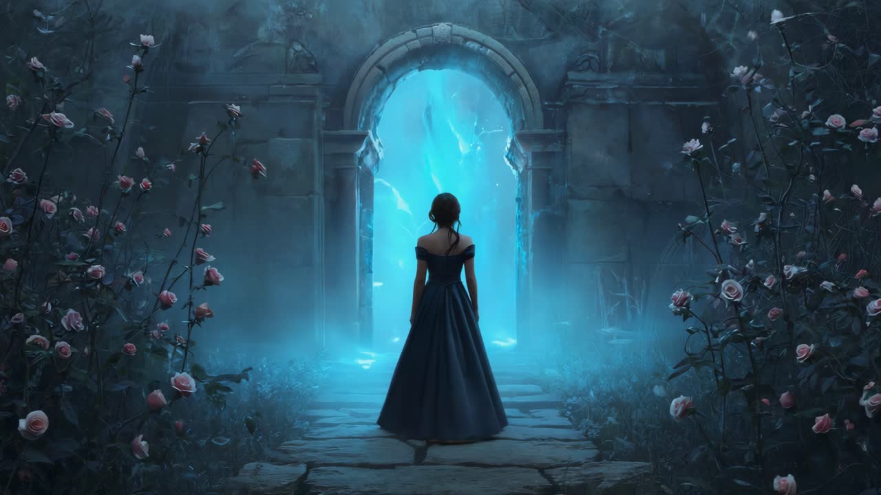 Woman in Gown Approaching a Glowing Portal in a Mysterious Garden