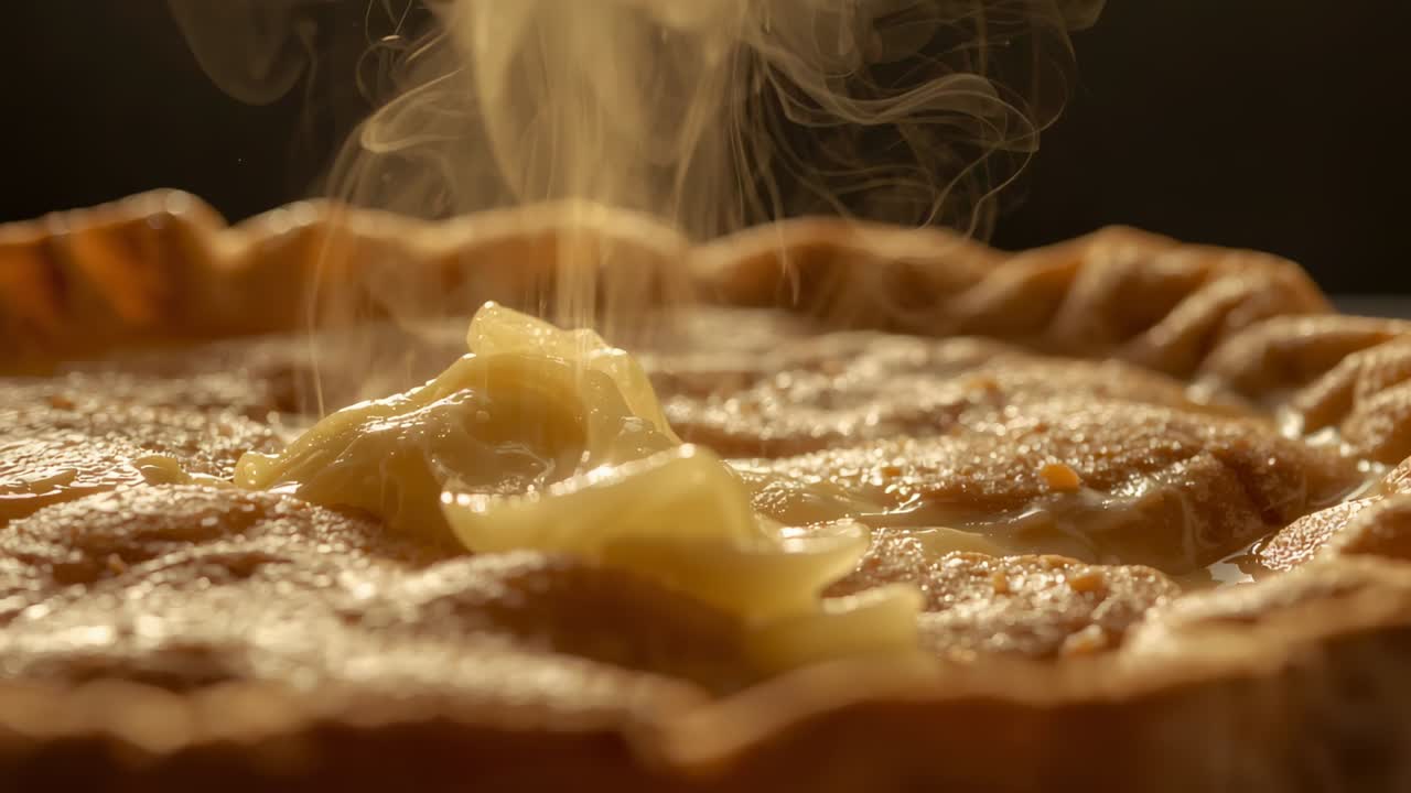 Steam rising from hot pie in studio melting butter dollop and bubbling filling over crimped crust
