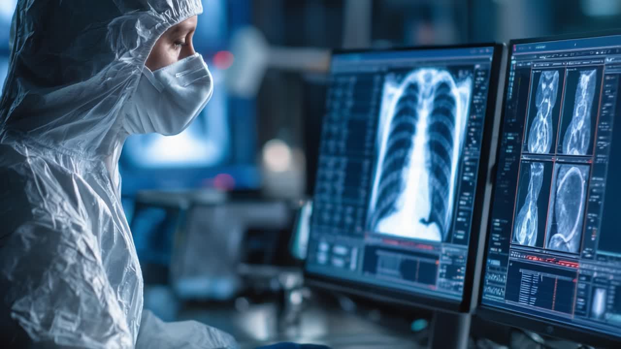 Healthcare Professional Analyzing Medical Imaging Data on Dual Monitors in a High-Tech Laboratory Environment, Displaying Lung Radiographs and Diagnostics