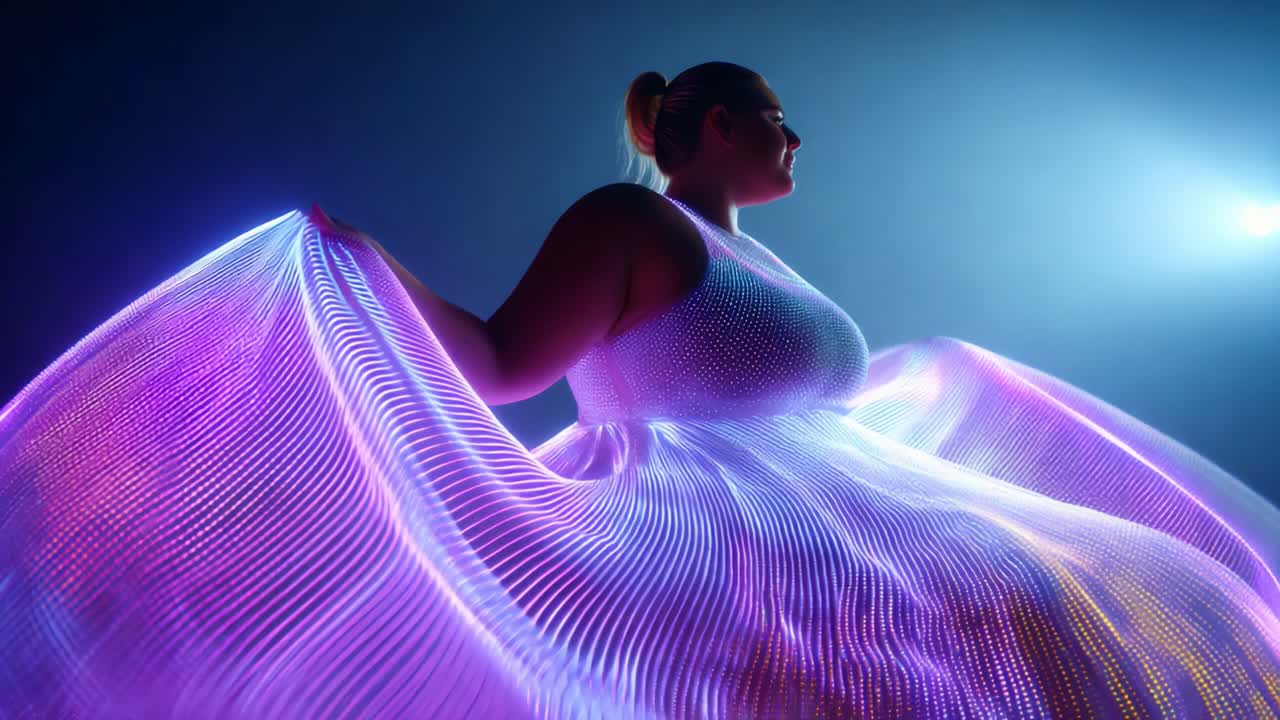 A mesmerizing display of light and fabric, showcasing an artist adorned in a stunning luminescent dress that gracefully flows and illuminates the surroundings with vibrant colors