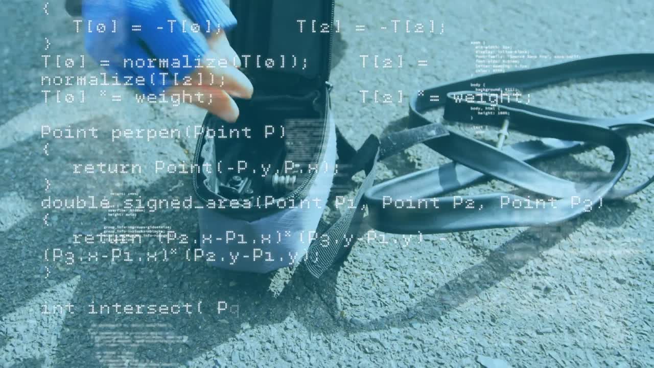 animación del procesamiento de datos sobre un hombre caucásico reparando el tubo interior de un neumático de bicicleta al aire libre