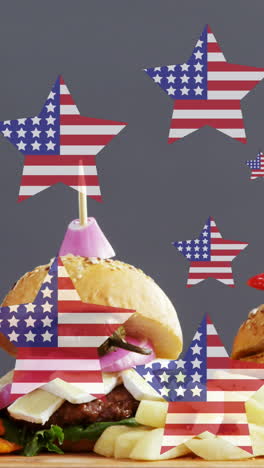 animation of stars with flag of usa over burgers lying on wooden board