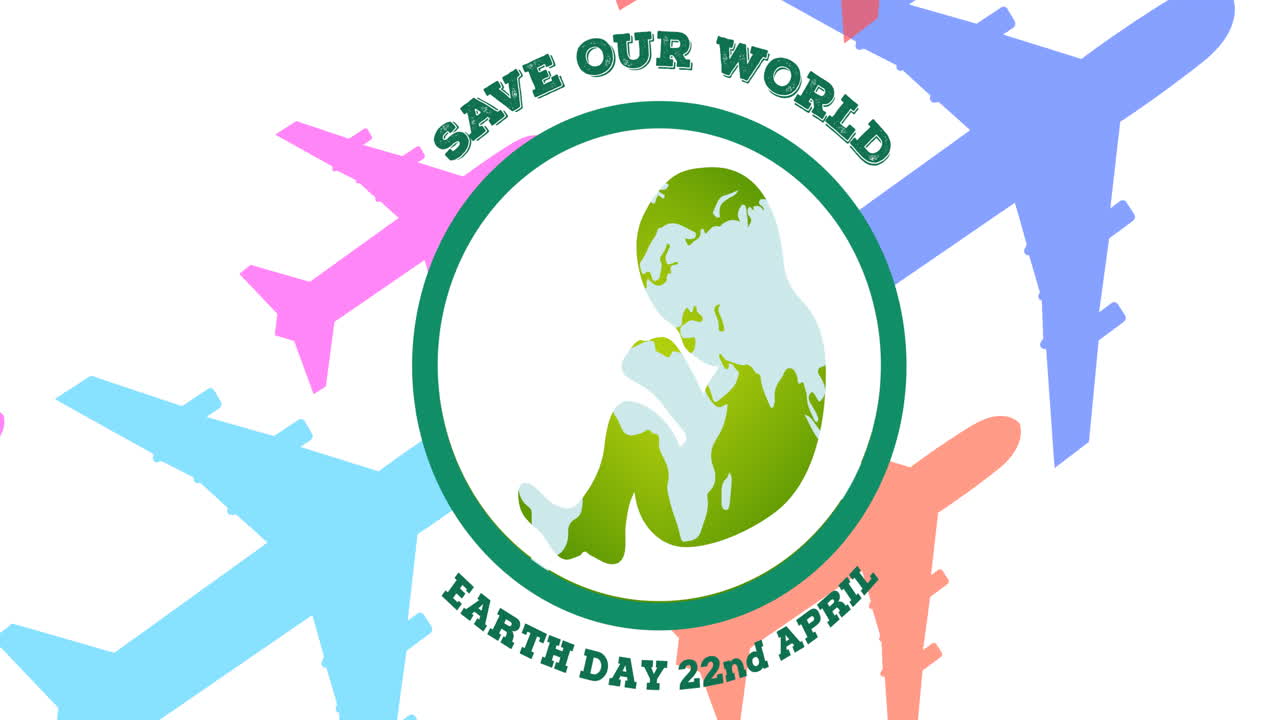 지구의 날 텍스트와 지구의 아기 로고의 애니메이션이  ⁇  바탕에 있는 다채로운 비행기 위에 있습니다.
