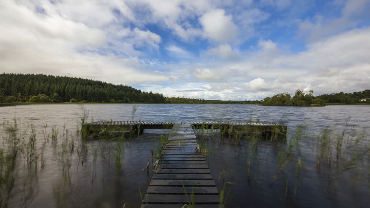 Time lapse di un pontile di legno con canneto su un lago locale in una nuvolosa giornata estiva nel paesaggio rurale dell'Irlanda