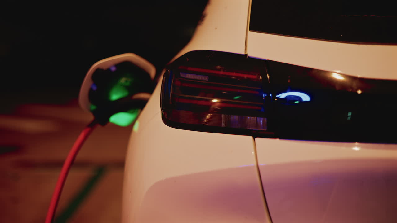 Rear view of a white electric car plugged into a street charger at night