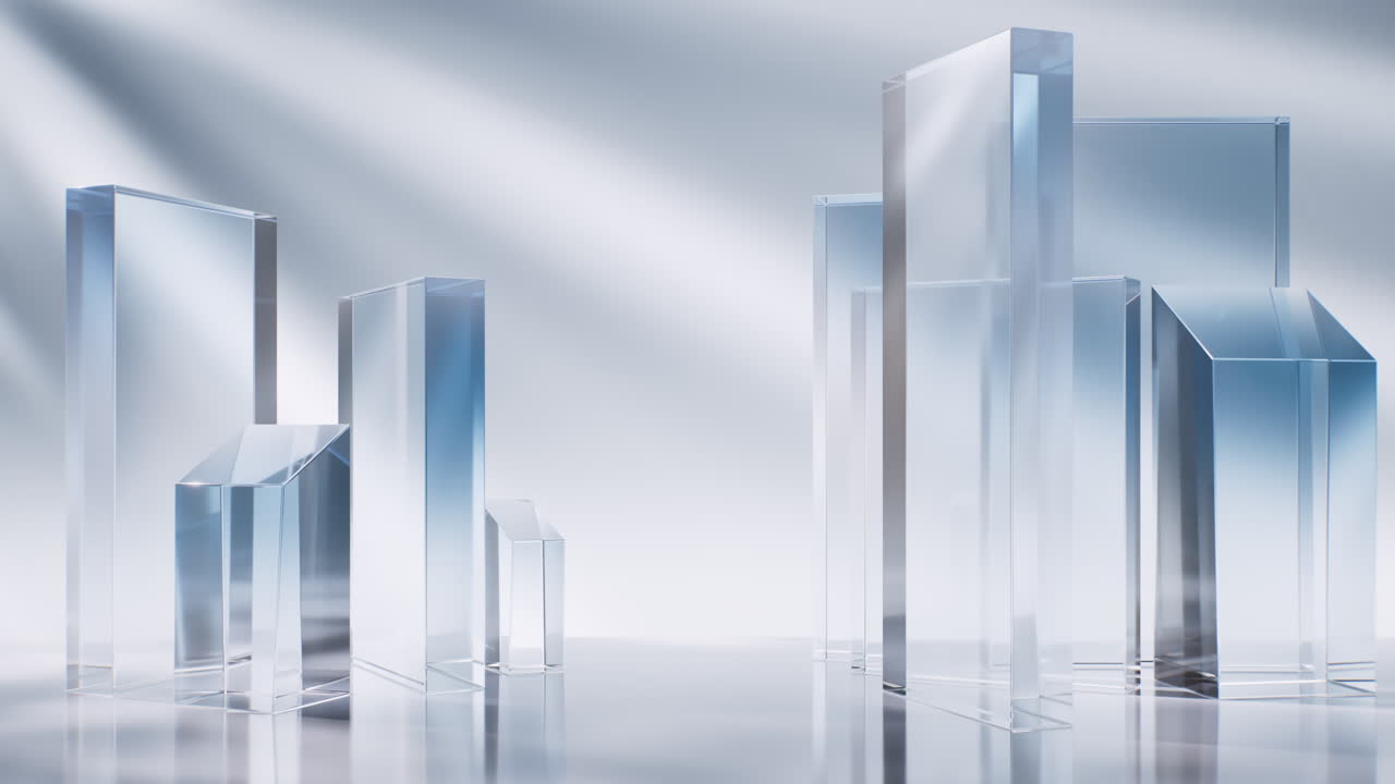 Transparent blue cube glass geometries background, 3d rendering