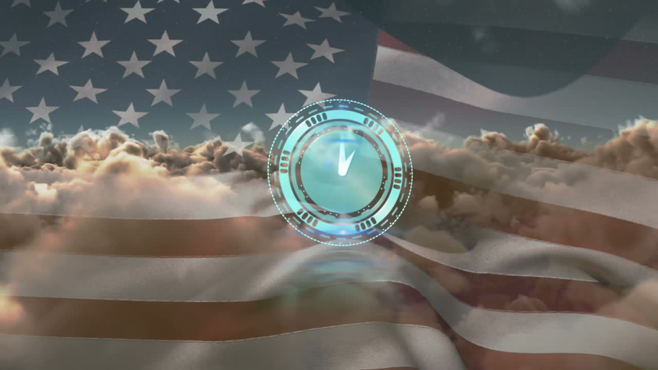 Animación de un reloj con manecillas en movimiento sobre la bandera estadounidense y un cielo nublado.
