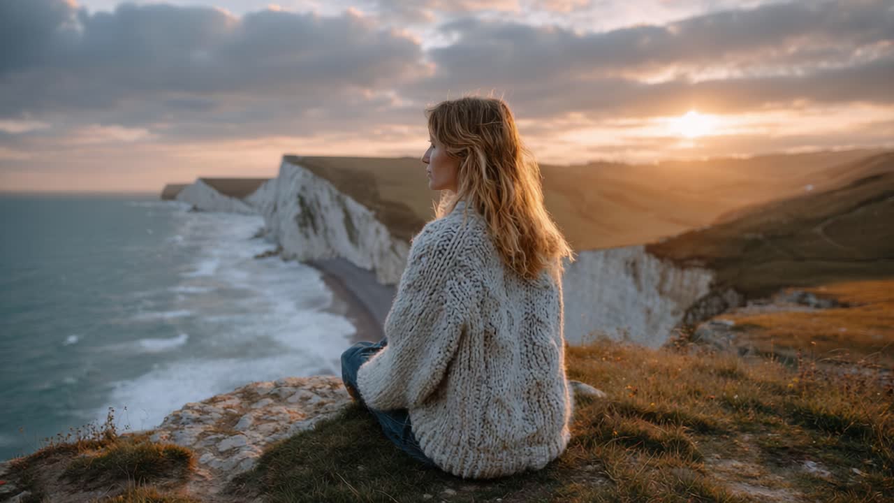 A Serene Sunset View Over Cliffs by the Ocean, Capturing a Moment of Reflection and Tranquility as the Sun Sets Behind the Horizon, Illuminating the Landscape