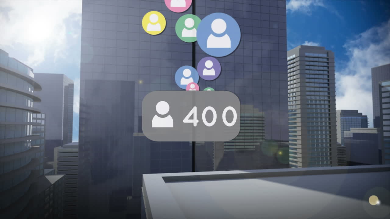 Multiple profile icons with increasing numbers against against tall buildings in background