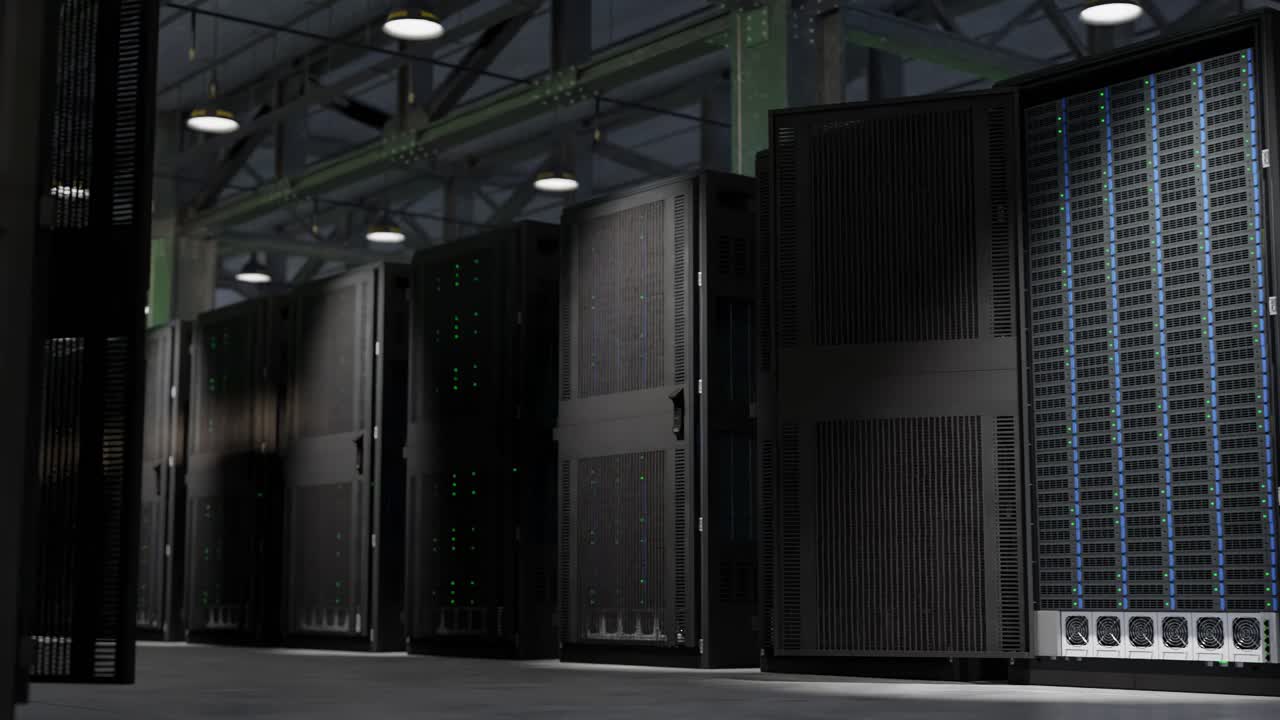 Flashing green light in warehouse with cloud data storage servers