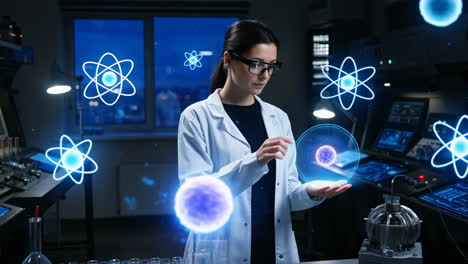 scientist in a futuristic lab interacting with holographic atoms