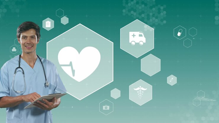 Iconos médicos contra un enfermero tomando notas en un portapapeles