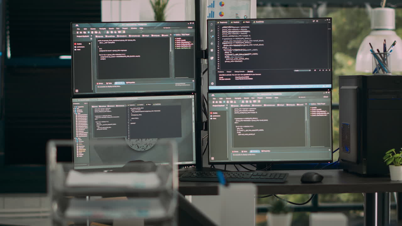 Multiple screens showing programming code in empty software it agency desk