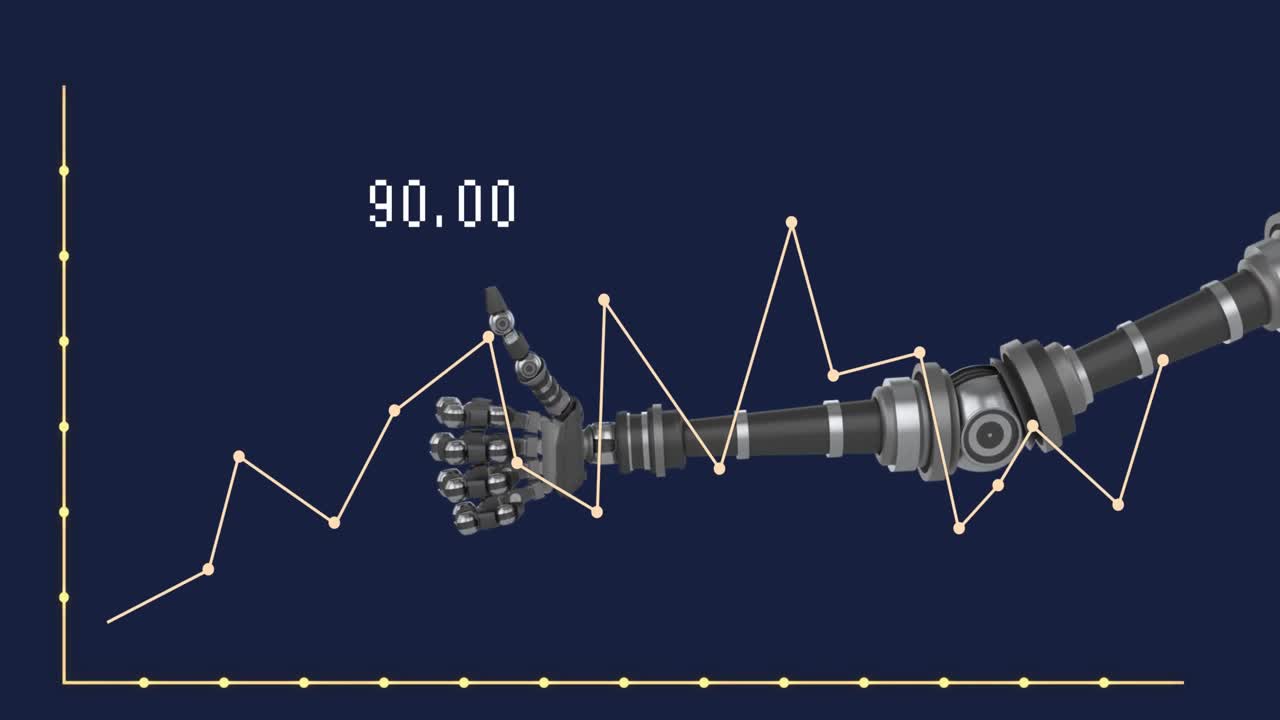 Animation of robot's arm and data processing over blue background
