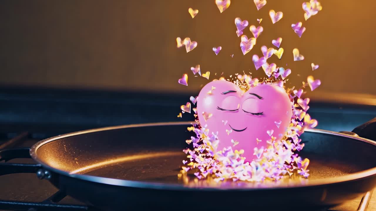 팬에서 요리하는 애니메이션 핑크 하트