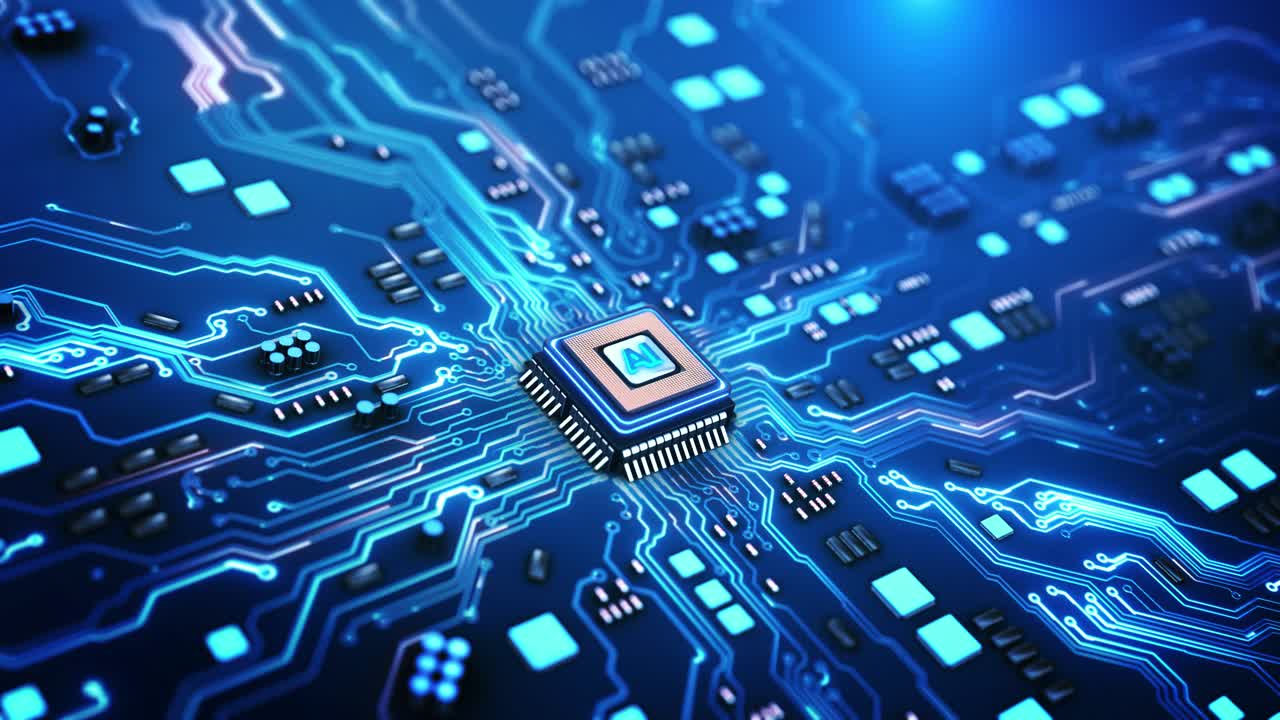 Human hand click on artificial intelligence processor chip circuit board ai labeled processor chip