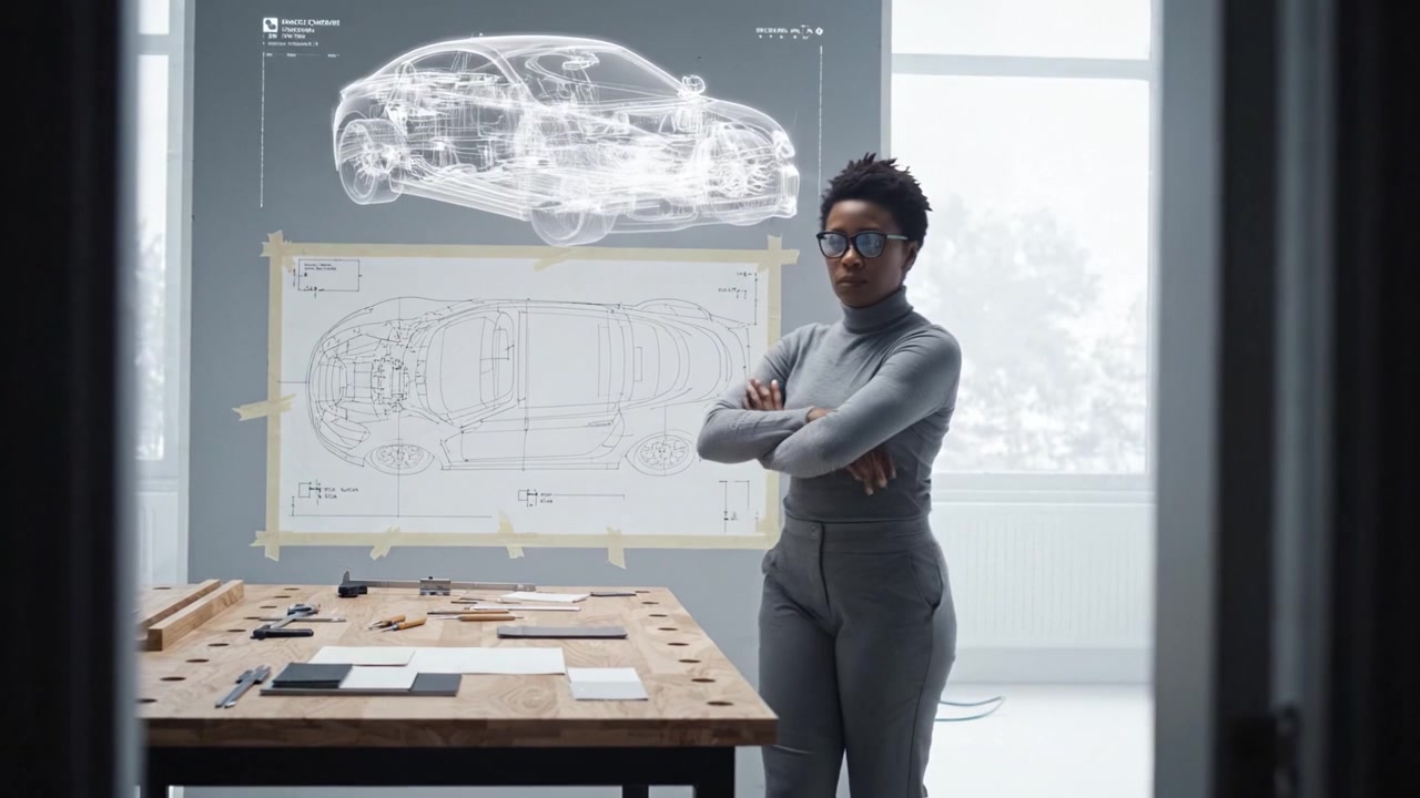 A thoughtful designer analyzes a futuristic car design, surrounded by schematics and materials, contemplating innovation in automotive engineering and aesthetics.