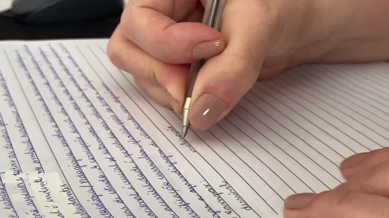 cuidadosamente, el estudiante escribe información, ortografía, gramática, primer plano