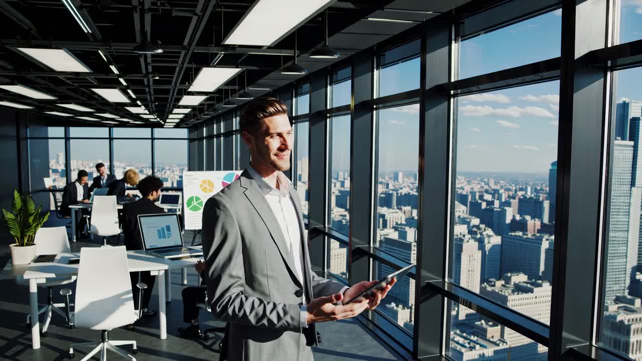 현대적 인 사무실 에서 도시 전망 을 바라보는 사업가