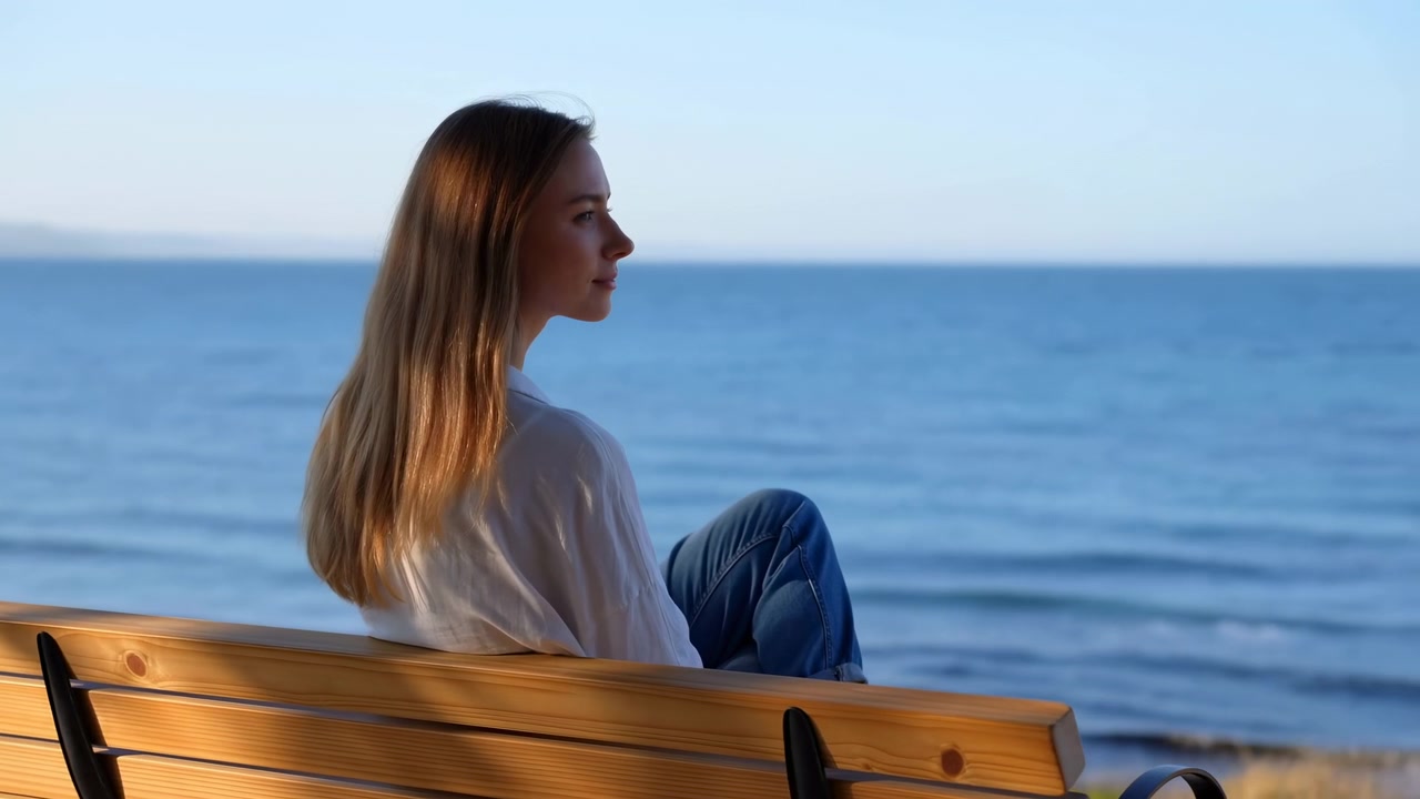 Persona seduta su una panchina di fronte al mare con onde leggere sullo sfondo, ripresa di profilo con luce calda, acqua blu e una semplice composizione esterna che mostra un'atmosfera calma e riflessiva.