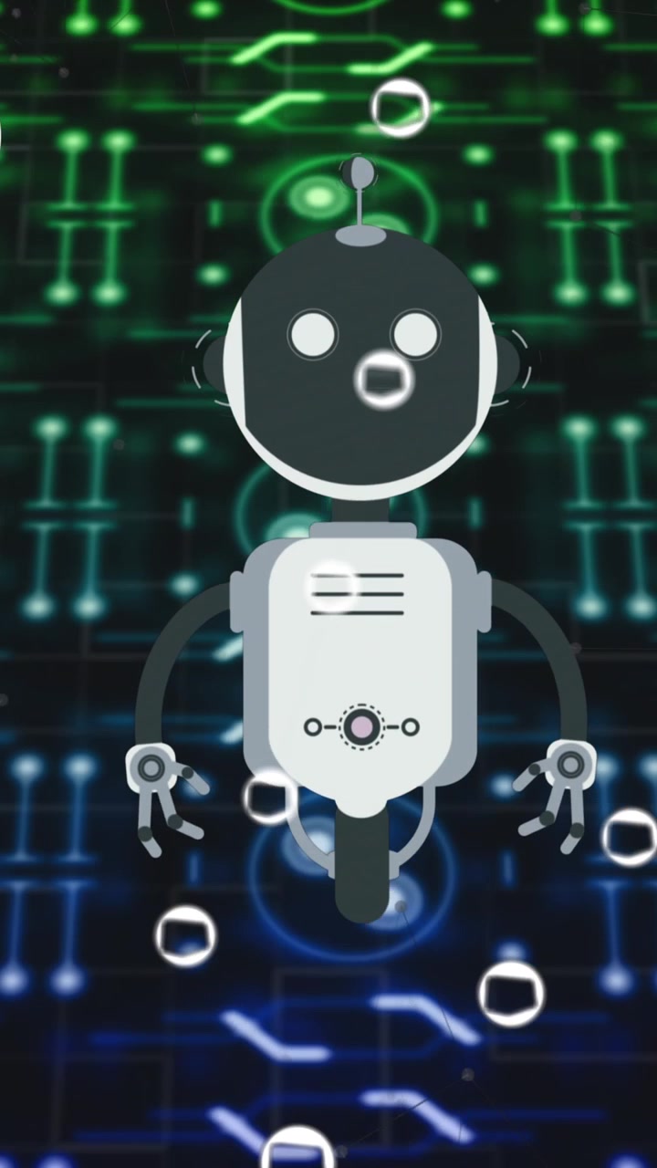 Animation of ai chat bot and icons over colourful striped background