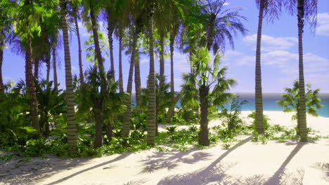 lush tropical beach with palm trees and vibrant greenery under sunny sky