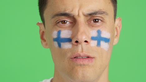 man with a finnish flag painted on the face smiling