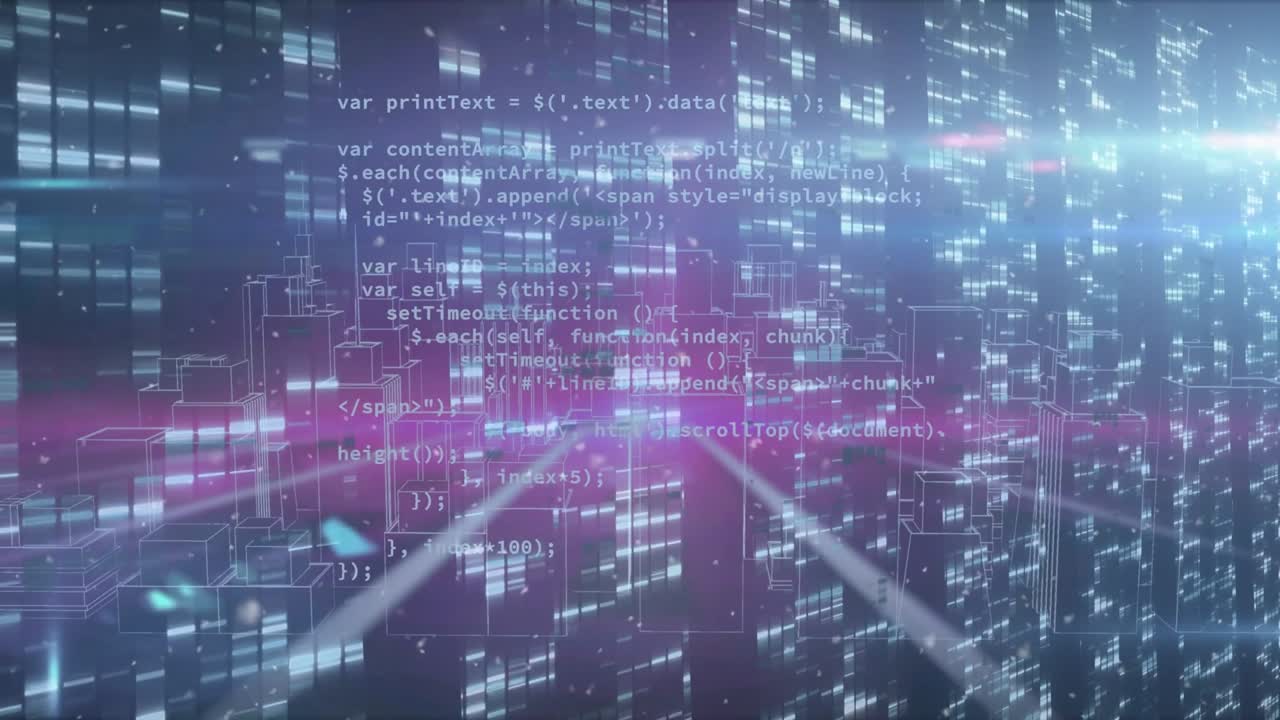 Animation of moving columns over digital cityscape