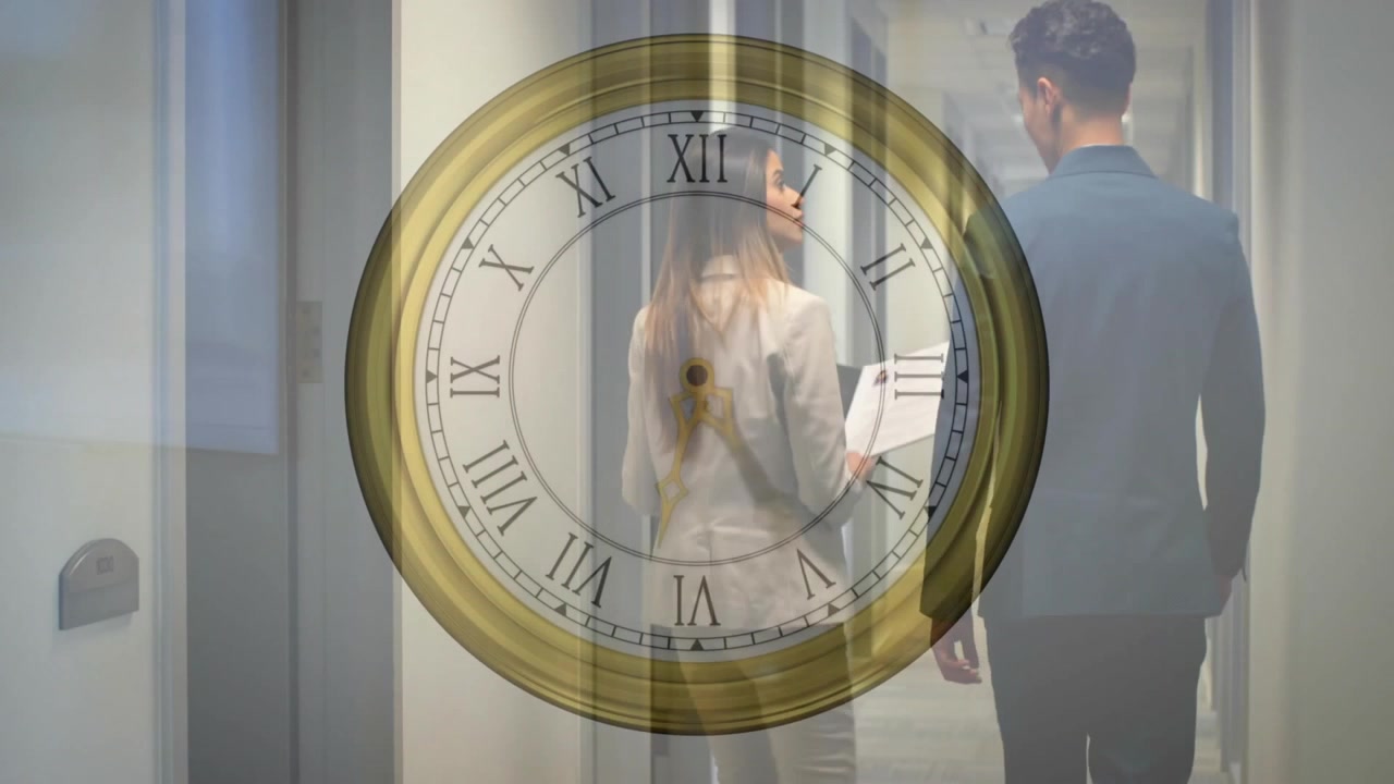 Animation of clock moving over diverse colleagues walking in office