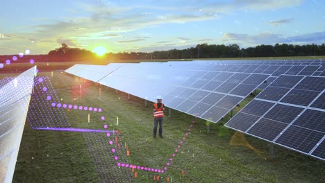 infographics of rising stock market with an engineer standing between the solar panels producing green energy
