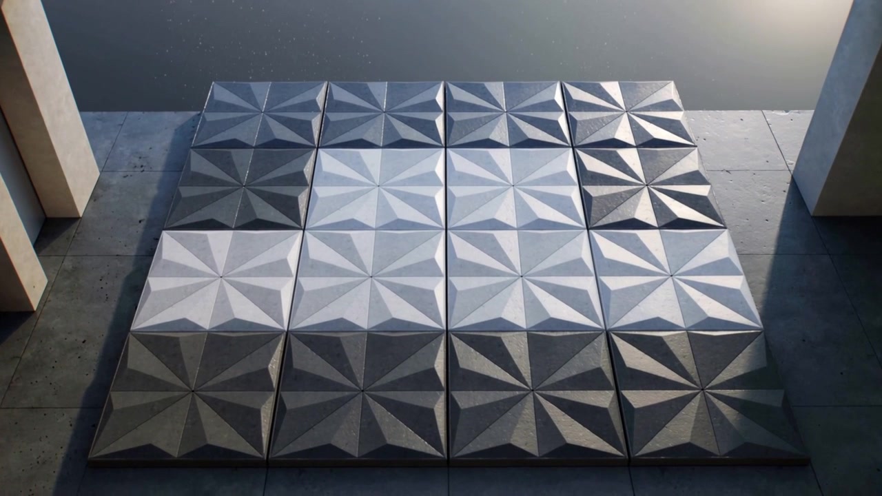 Starting sequence near top-right panels, 5x5 modular grid pivoting on pavilion, cycling animation