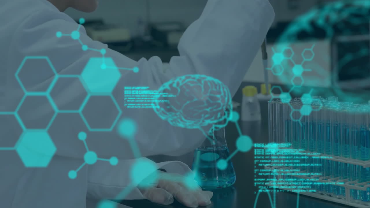 animación del procesamiento de datos científicos sobre una científica caucásica en el laboratorio