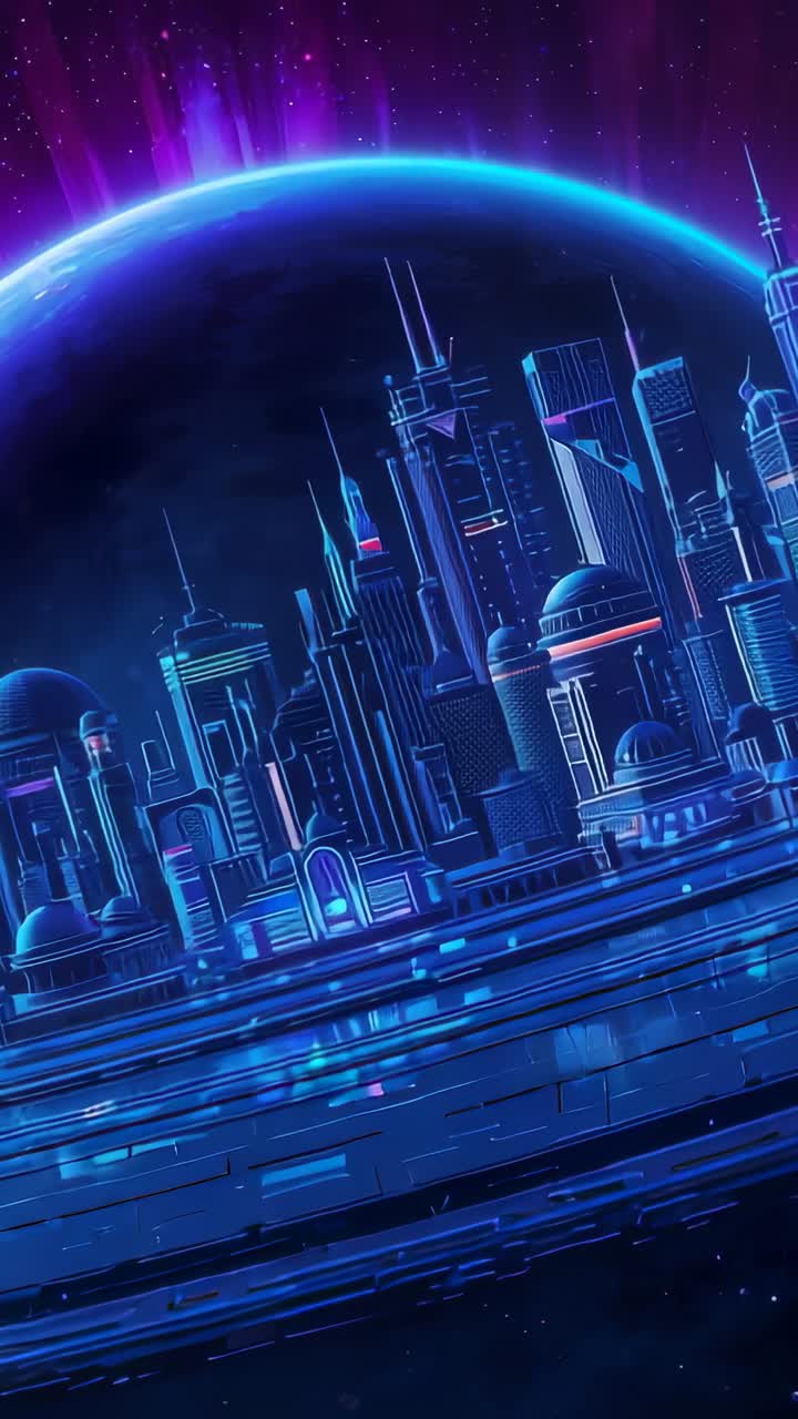 Vertical video: Camera revealing ring-city rotating around planet, with pulsing lights and auroras