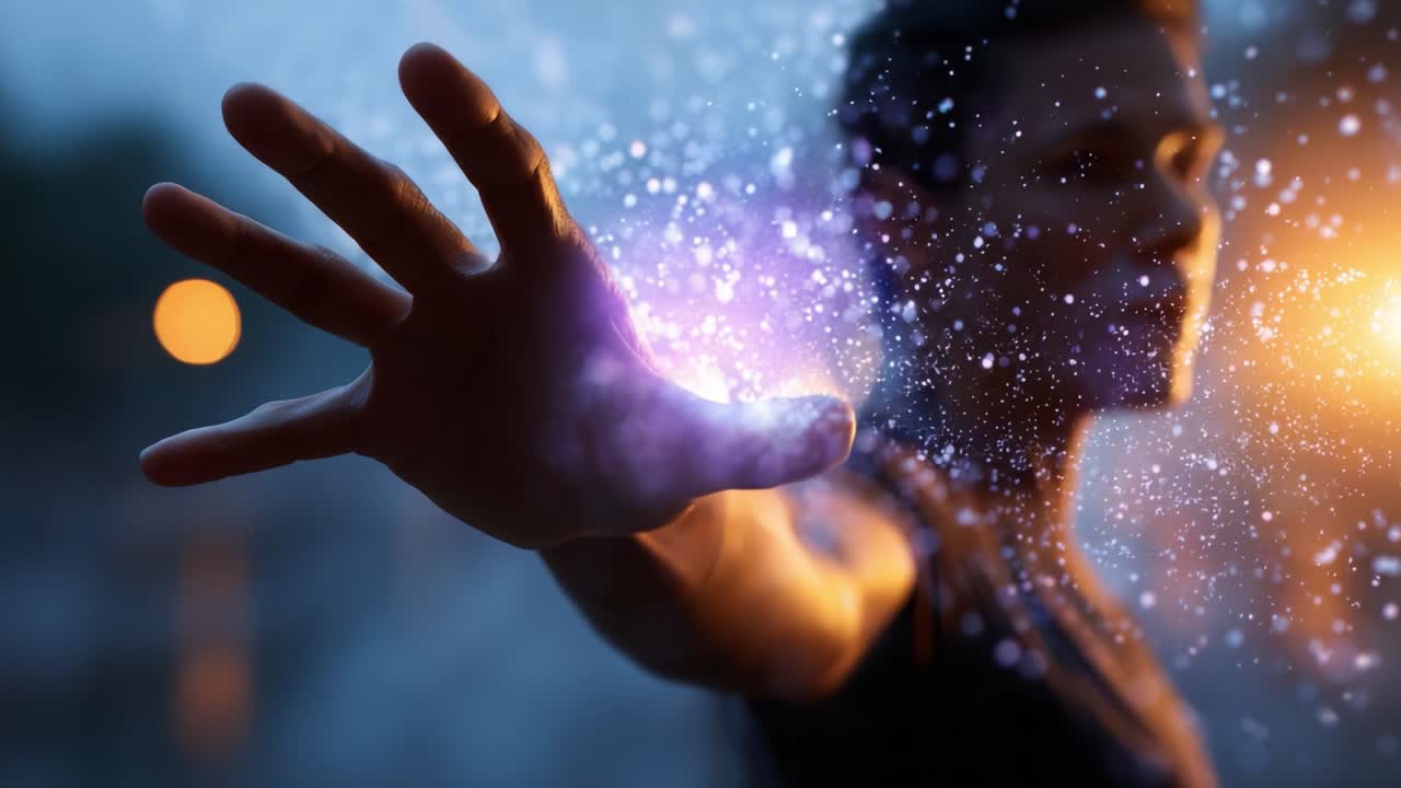 A mystical figure extends a hand, surrounded by shimmering particles of light, capturing moments of ethereal magic and mystery in a captivating visual experience