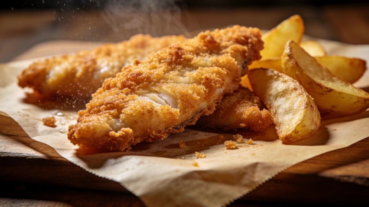 Steaming breaded fish fillet revealing flaky interior from heat on parchment, potato wedges nearby