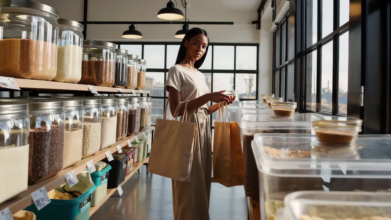 Woman shopping for bulk goods in a sustainable store