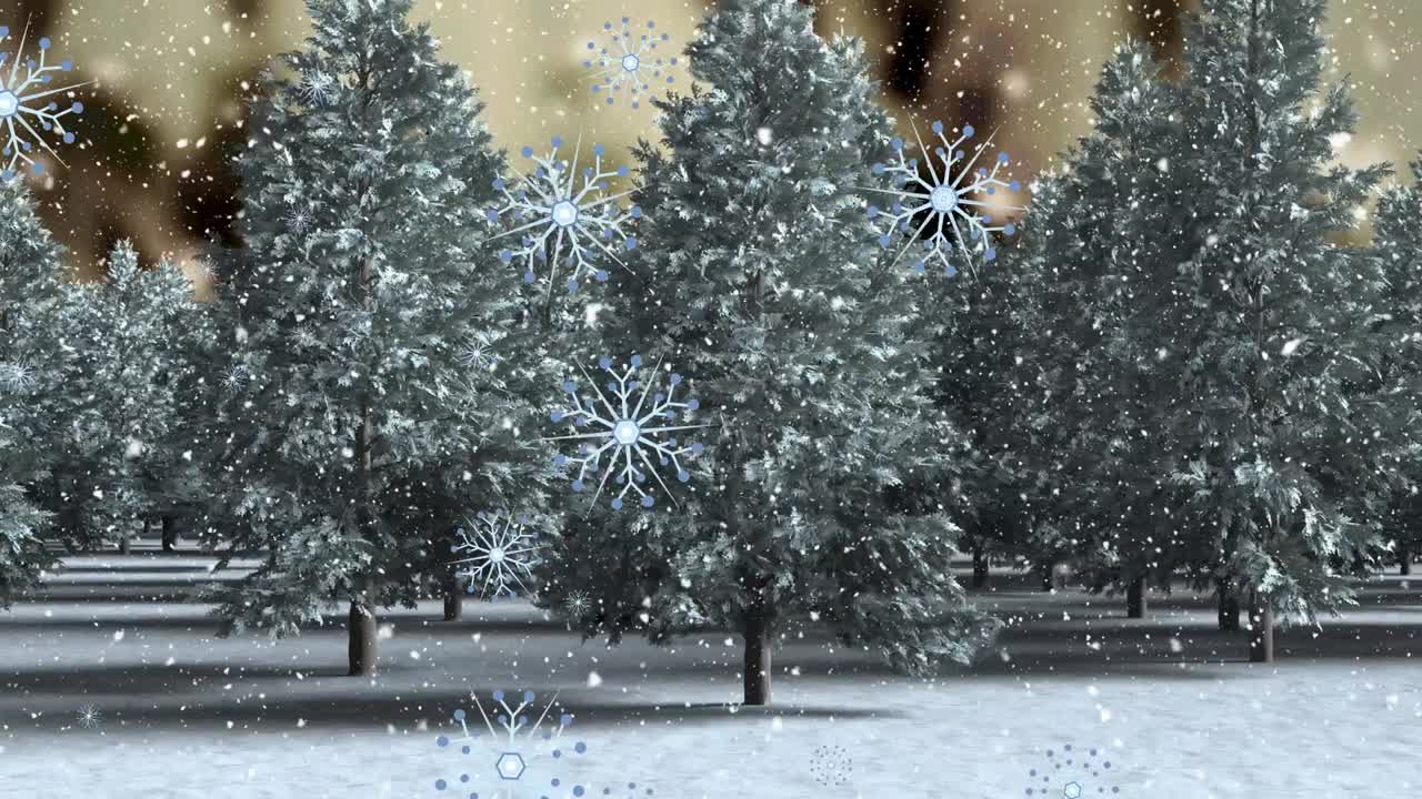 animación de la nieve cayendo en navidad sobre los árboles de abeto