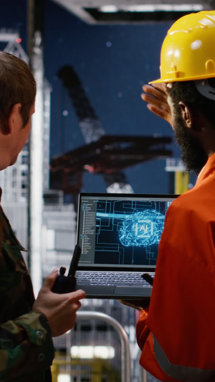 Vertical Video Offshore engineer and naval officer using AI technology on laptop