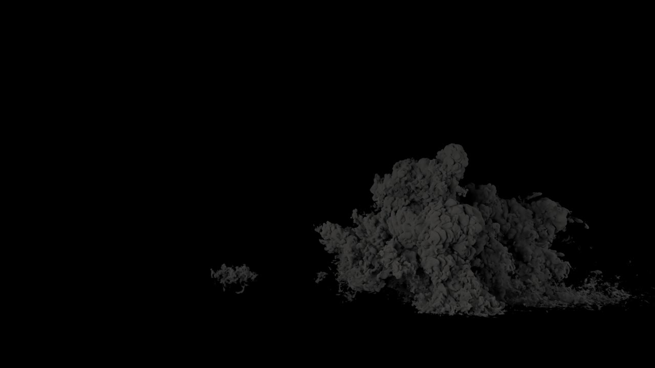 두꺼운 연기와 함께 연료의 강력한 폭발, 알파 채널과 함께 고립 된 검은 바탕에 두꺼운 담배와 함께 폭발, 폭탄 폭발, 진짜 연기.