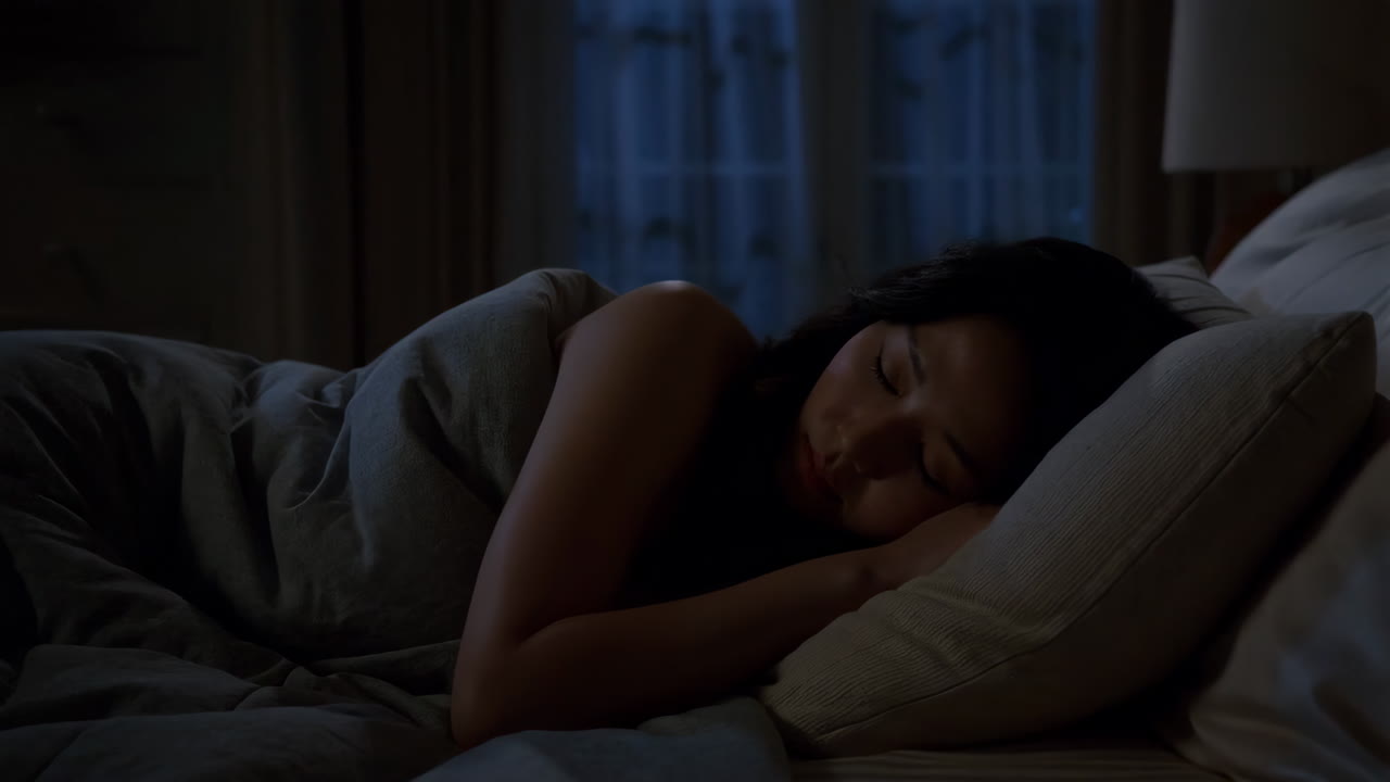 A woman sleeping peacefully in a dark bedroom