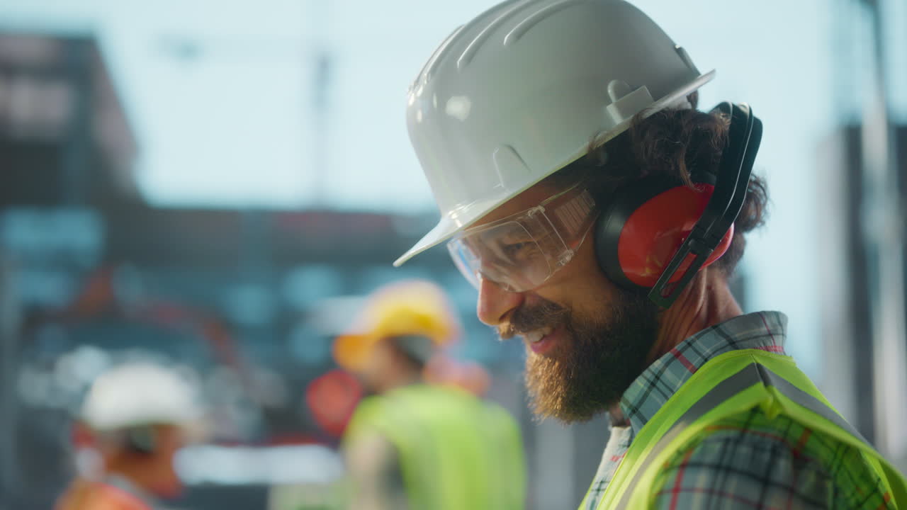 Close-up of a Construction Worker Wearing Safety Gear on Site