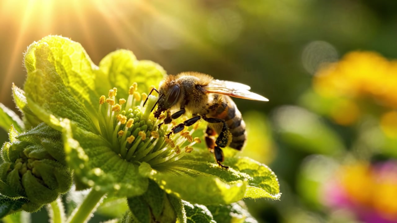 Nahaufnahme einer Biene, die eine Blume in einem sonnendurchfluteten Garten bestäubt, die Schönheit der Vernetzung der Natur und die essentielle Rolle der Bestäuber einfangend